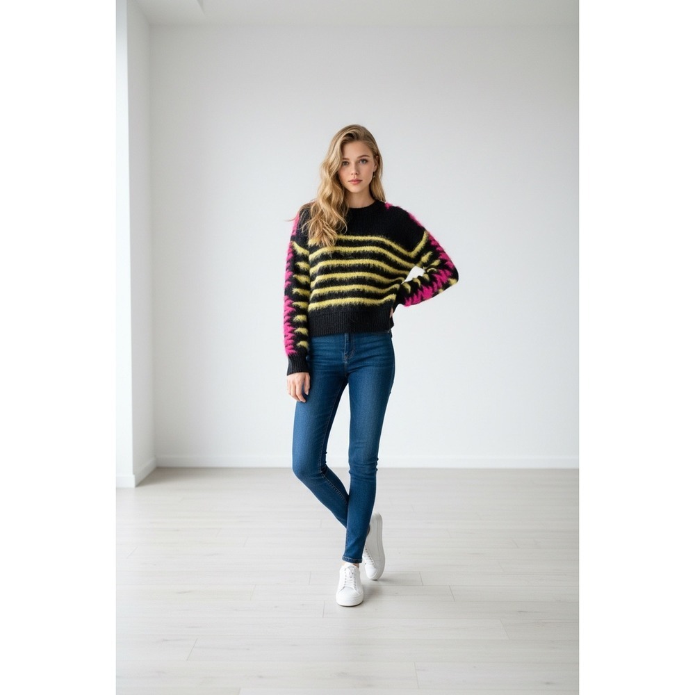 Central Park West Womens Fuzzy Stripe Crewneck Sweater Navy Neon Pink Yellow L